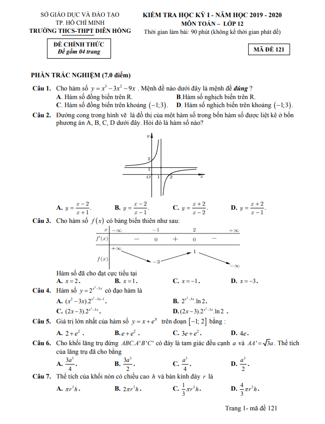 Đề thi học kì 1 Toán 12 năm 2019 – 2020 trường Diên Hồng – TP HCM