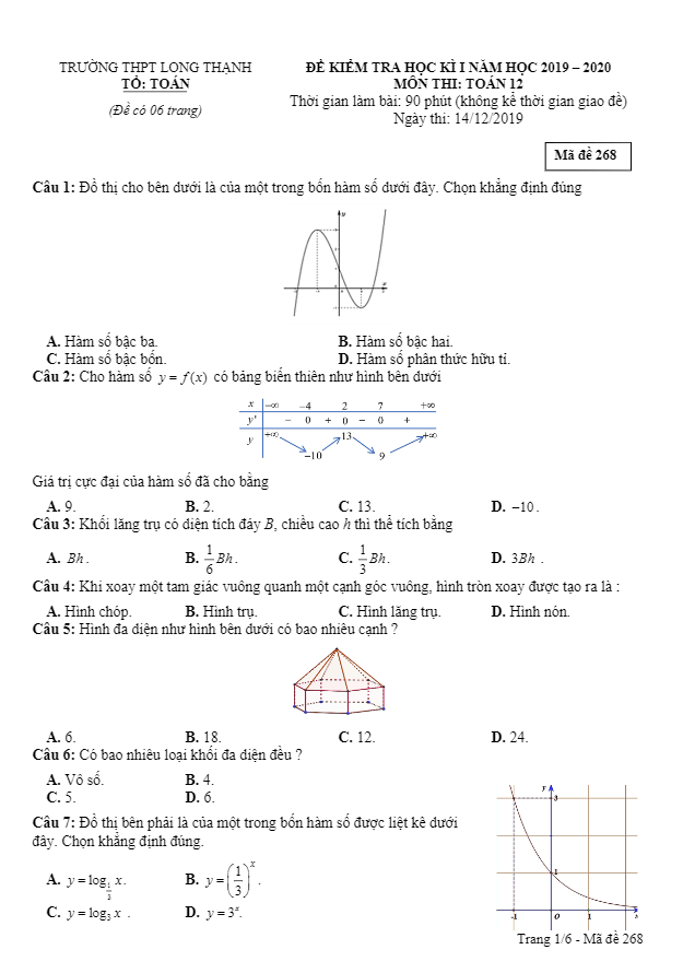 Đề thi học kì 1 Toán 12 năm 2019 – 2020 trường Long Thạnh – Kiên Giang