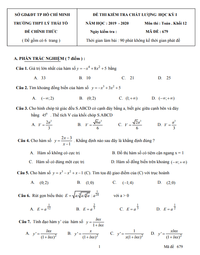 Đề thi học kì 1 Toán 12 năm 2019 – 2020 trường Lý Thái Tổ – TP HCM