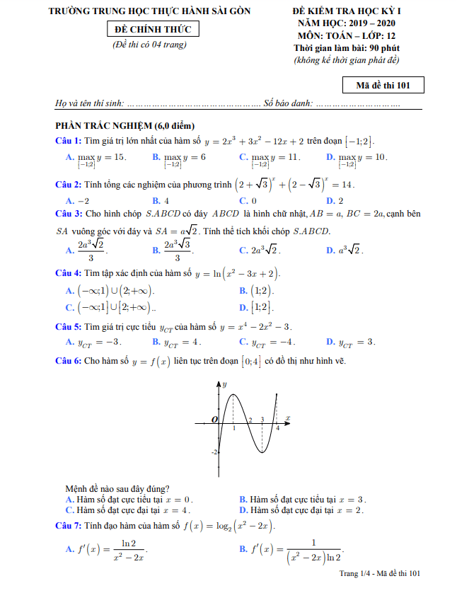 Đề thi học kì 1 Toán 12 năm 2019 – 2020 trường TH Thực hành Sài Gòn – TP HCM