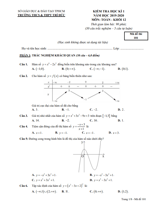 Đề thi học kì 1 Toán 12 năm 2019 – 2020 trường THCS&THPT Trí Đức – TP HCM