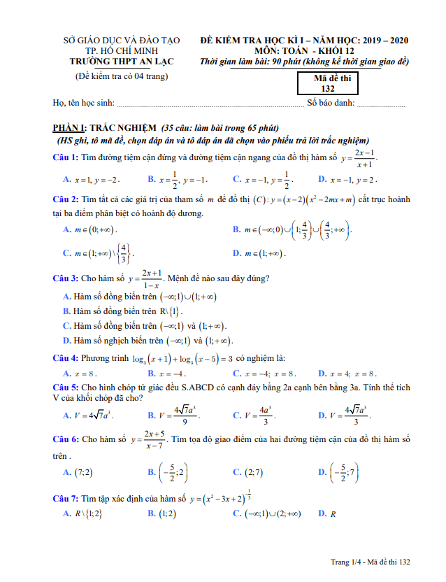 Đề thi học kì 1 Toán 12 năm 2019 – 2020 trường THPT An Lạc – TP HCM