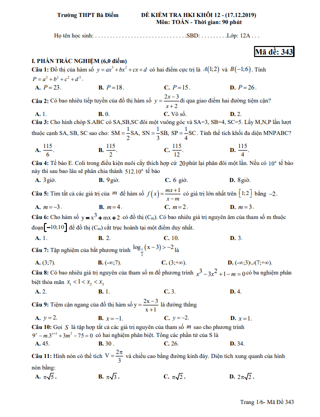 Đề thi học kì 1 Toán 12 năm 2019 – 2020 trường THPT Bà Điểm – TP HCM