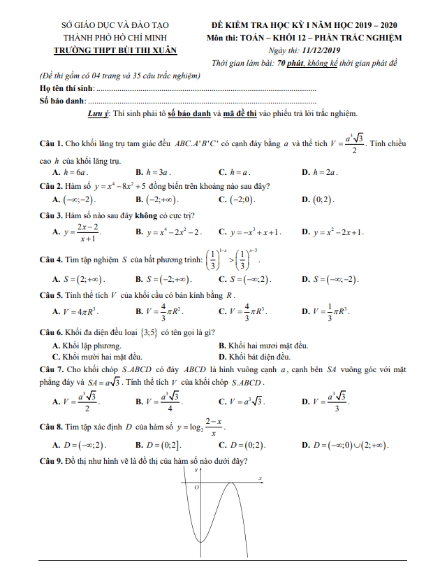Đề thi học kì 1 Toán 12 năm 2019 – 2020 trường THPT Bùi Thị Xuân – TP HCM