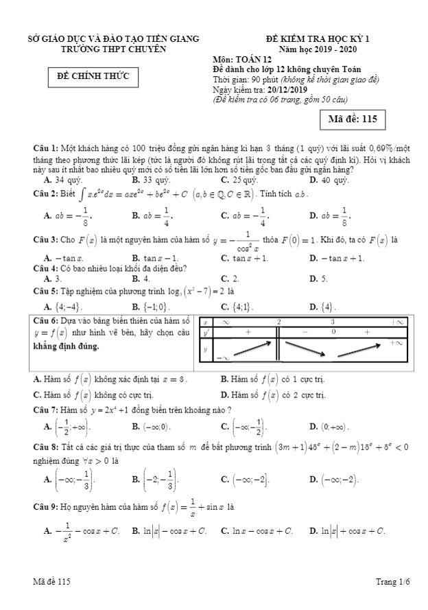 Đề thi học kì 1 Toán 12 năm 2019 – 2020 trường THPT chuyên Tiền Giang
