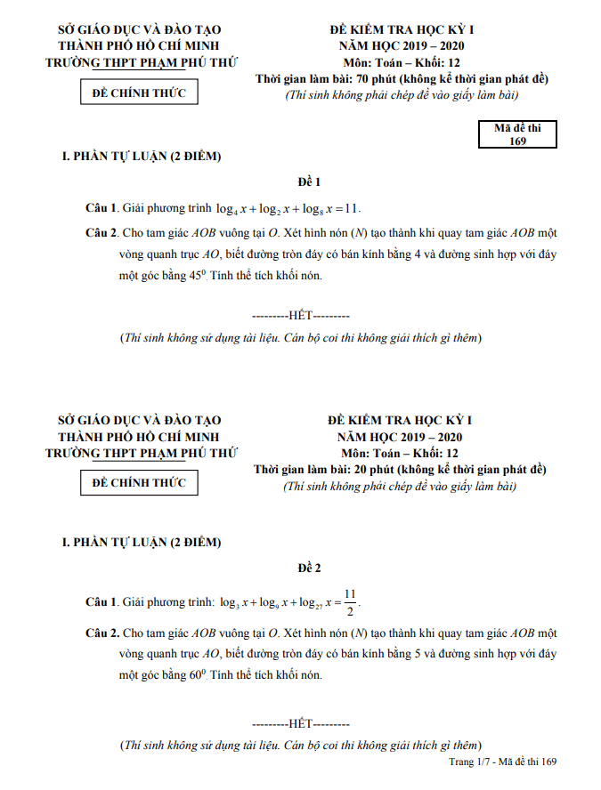 Đề thi học kì 1 Toán 12 năm 2019 – 2020 trường THPT Phạm Phú Thứ – TP HCM