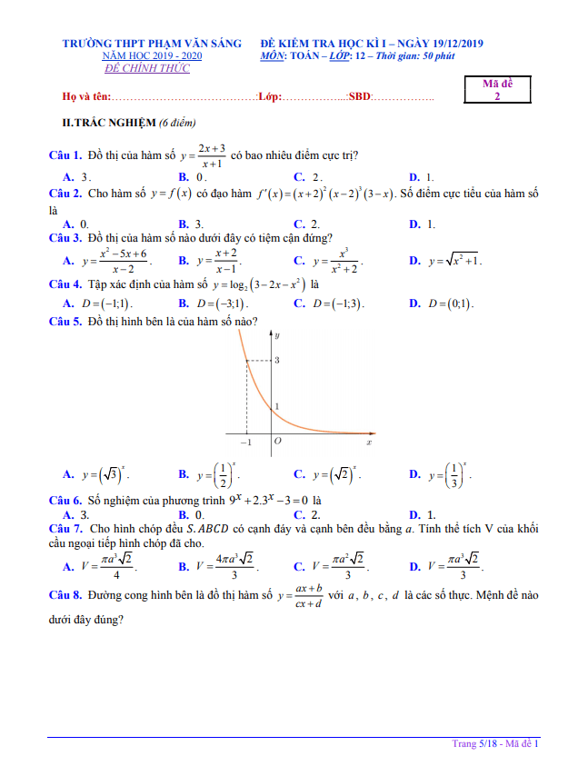 Đề thi học kì 1 Toán 12 năm 2019 – 2020 trường THPT Phạm Văn Sáng – TP HCM
