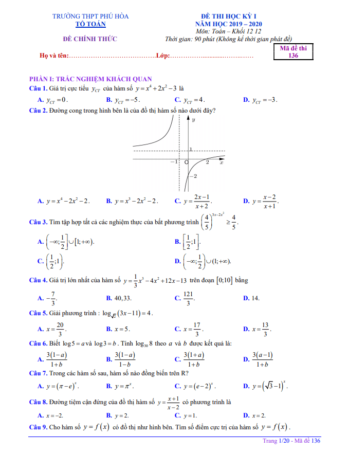 Đề thi học kì 1 Toán 12 năm 2019 – 2020 trường THPT Phú Hòa – TP HCM