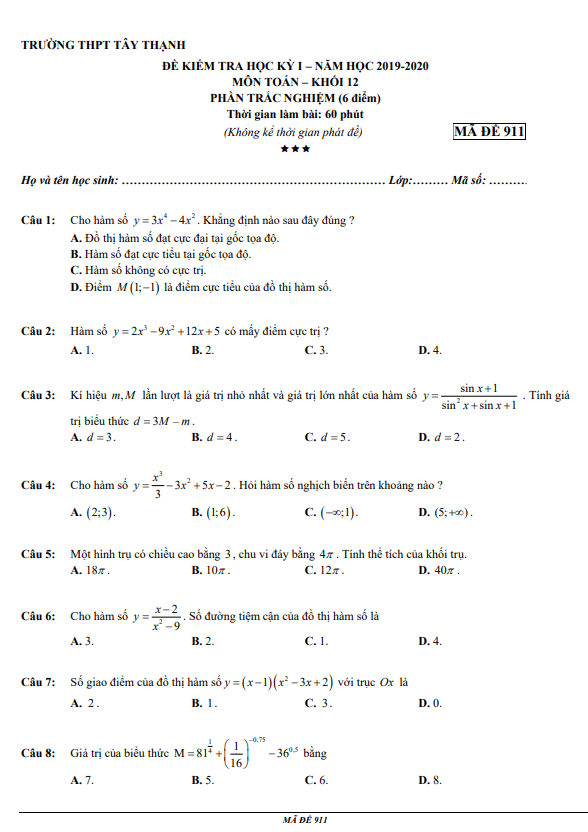 Đề thi học kì 1 Toán 12 năm 2019 – 2020 trường THPT Tây Thạnh – TP HCM
