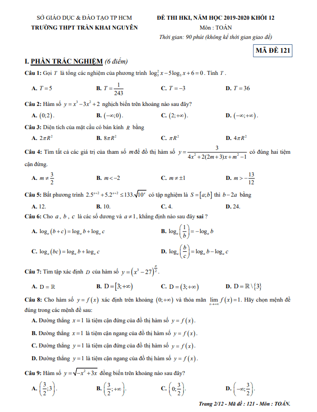 Đề thi học kì 1 Toán 12 năm 2019 – 2020 trường THPT Trần Khai Nguyên – TP HCM