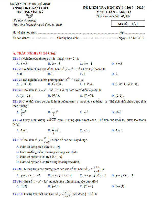 Đề thi học kì 1 Toán 12 năm 2019 – 2020 trường Trương Vĩnh Ký – TP HCM