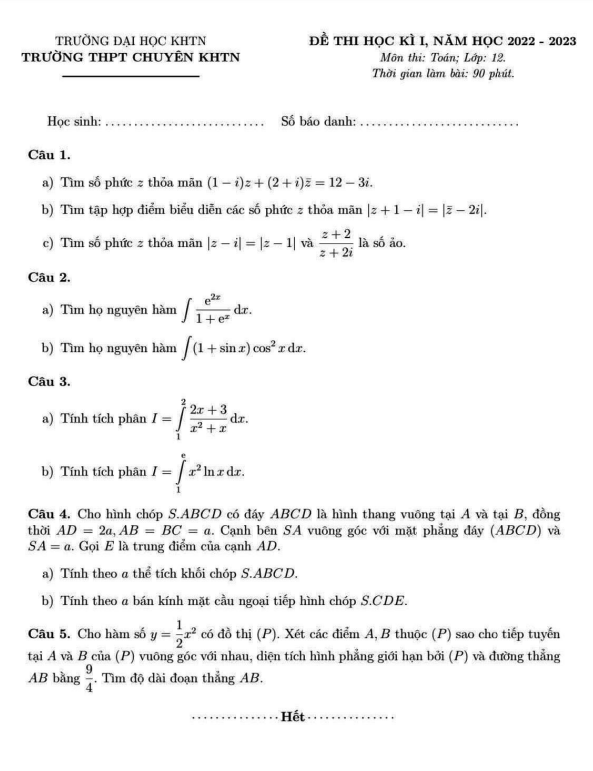 Đề thi học kì 1 Toán 12 năm 2022 – 2023 trường chuyên KHTN – Hà Nội