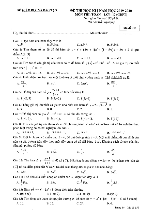 Đề thi học kì 1 Toán 12 năm học 2019 – 2020 sở GD và ĐT Bình Dương
