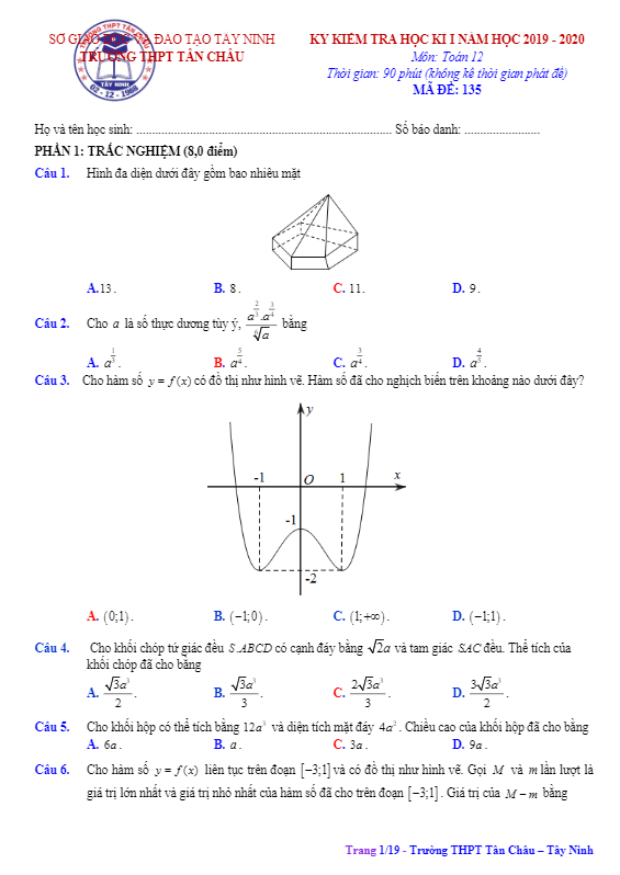Đề thi học kì 1 Toán 12 năm học 2019 – 2020 sở GD&ĐT Tây Ninh