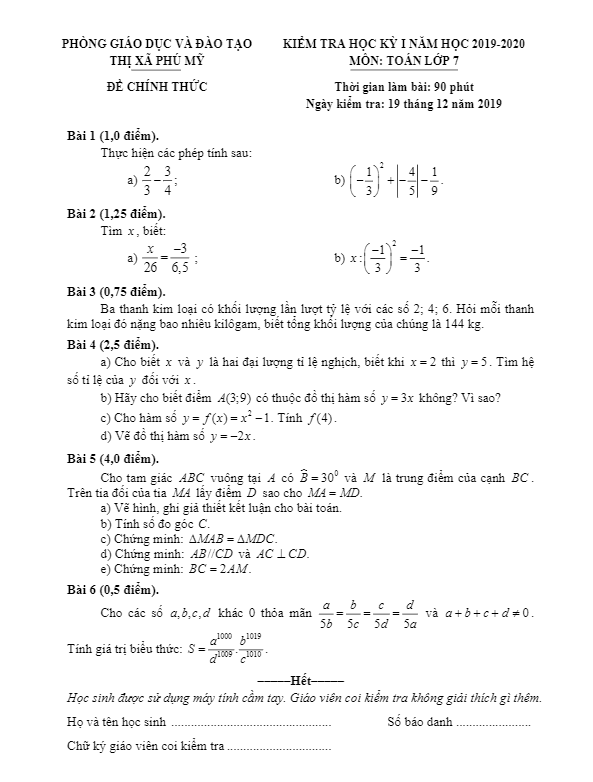 Đề thi học kì 1 Toán 7 năm 2019 – 2020 phòng GD&ĐT Phú Mỹ – BR VT