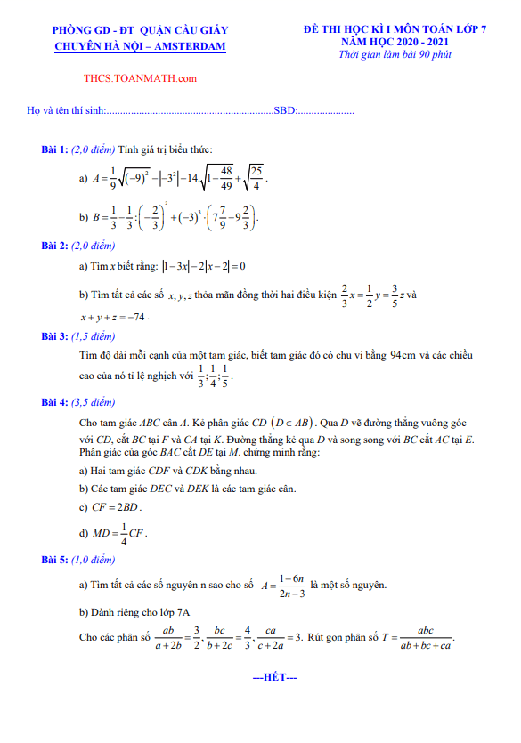 Đề thi học kì 1 Toán 7 năm 2020 – 2021 trường chuyên Hà Nội – Amsterdam