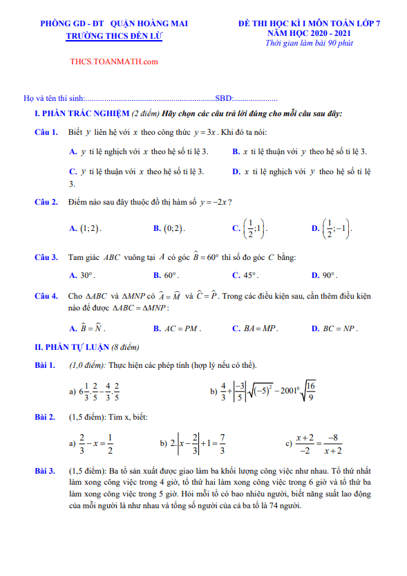 Đề thi học kì 1 Toán 7 năm 2020 – 2021 trường THCS Đền Lừ – Hà Nội