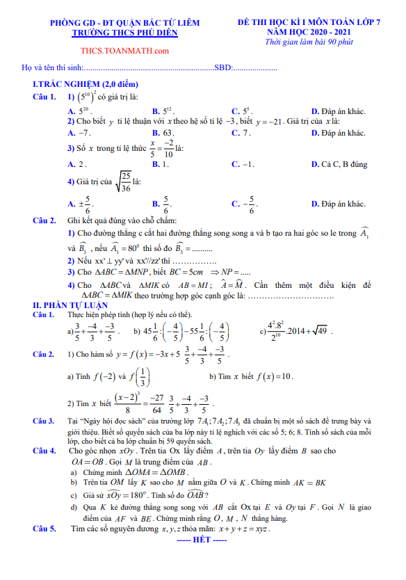 Đề thi học kì 1 Toán 7 năm 2020 – 2021 trường THCS Phú Diễn – Hà Nội