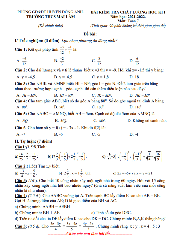 Đề thi học kì 1 Toán 7 năm 2021 – 2022 trường THCS Mai Lâm – Hà Nội