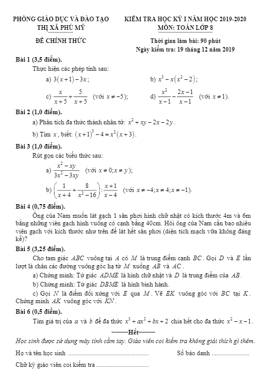 Đề thi học kì 1 Toán 8 năm 2019 – 2020 phòng GD&ĐT Phú Mỹ – BR VT
