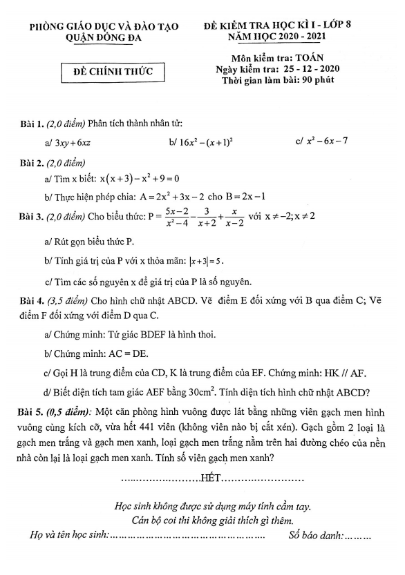 Đề thi học kì 1 Toán 8 năm 2020 – 2021 phòng GD&ĐT Đống Đa – Hà Nội