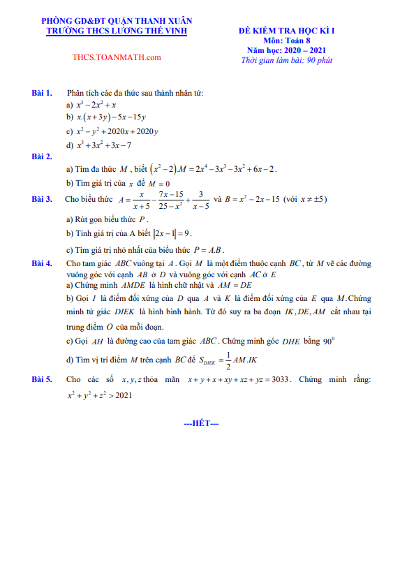 Đề thi học kì 1 Toán 8 năm 2020 – 2021 trường Lương Thế Vinh – Hà Nội