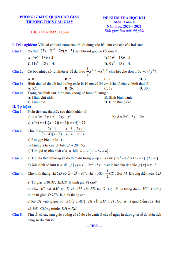 Đề thi học kì 1 Toán 8 năm 2020 – 2021 trường THCS Cầu Giấy – Hà Nội