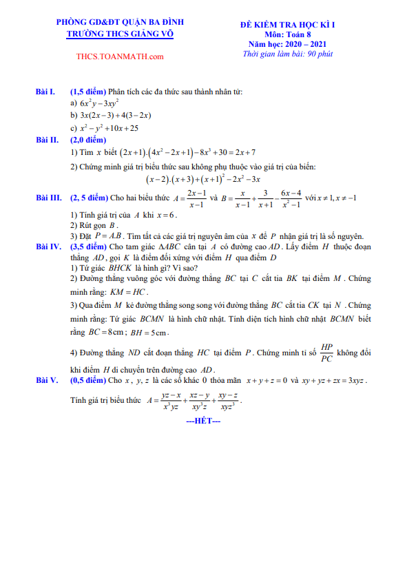 Đề thi học kì 1 Toán 8 năm 2020 – 2021 trường THCS Giảng Võ – Hà Nội