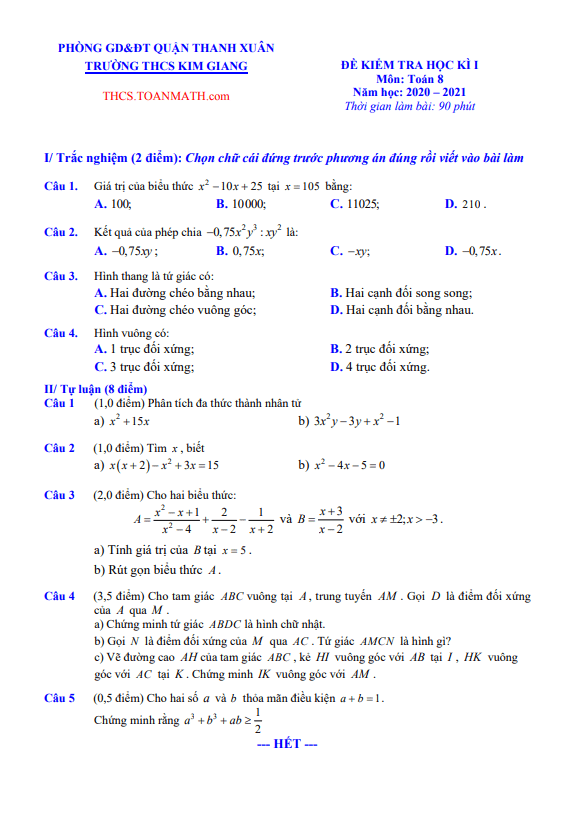 Đề thi học kì 1 Toán 8 năm 2020 – 2021 trường THCS Kim Giang – Hà Nội