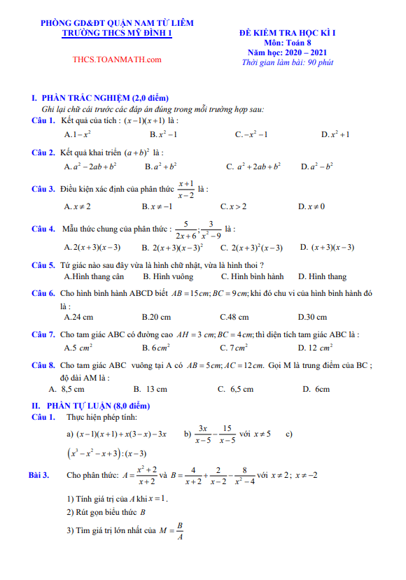 Đề thi học kì 1 Toán 8 năm 2020 – 2021 trường THCS Mỹ Đình 1 – Hà Nội