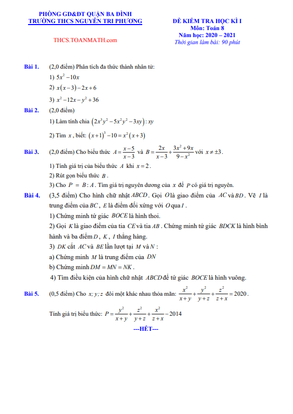 Đề thi học kì 1 Toán 8 năm 2020 – 2021 trường THCS Nguyễn Tri Phương – Hà Nội