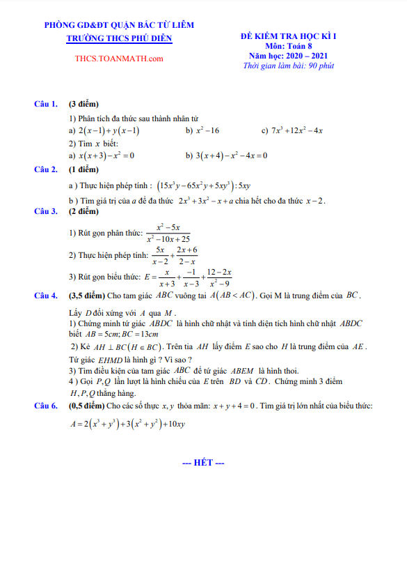 Đề thi học kì 1 Toán 8 năm 2020 – 2021 trường THCS Phú Diễn – Hà Nội