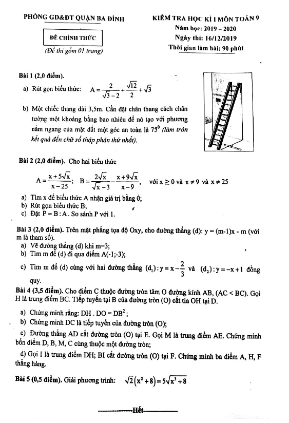 Đề thi học kì 1 Toán 9 năm 2019 – 2020 phòng GD&ĐT Ba Đình – Hà Nội