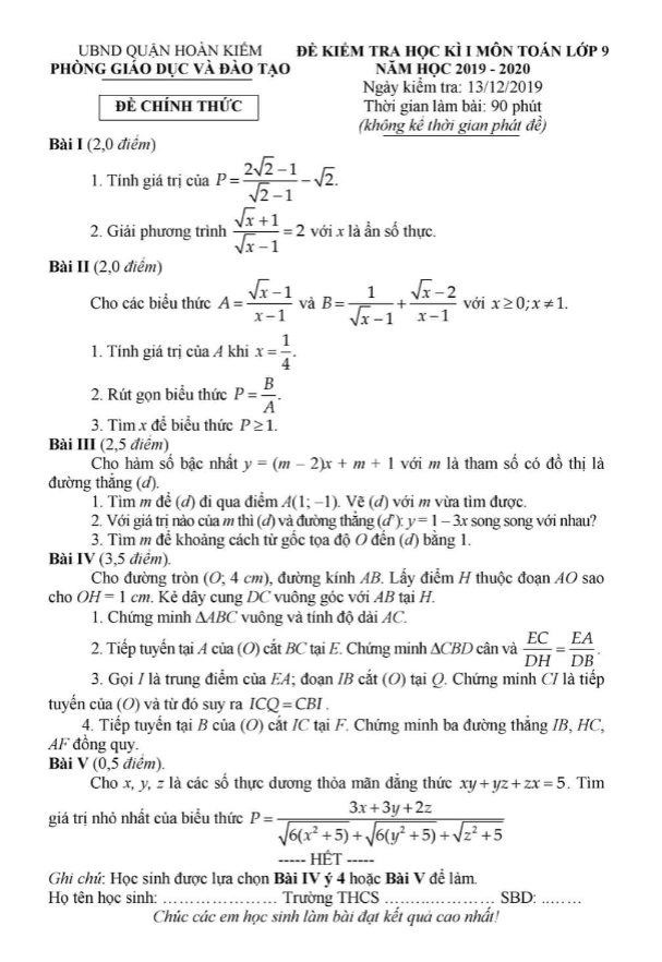 Đề thi học kì 1 Toán 9 năm 2019 – 2020 phòng GD&ĐT Hoàn Kiếm – Hà Nội
