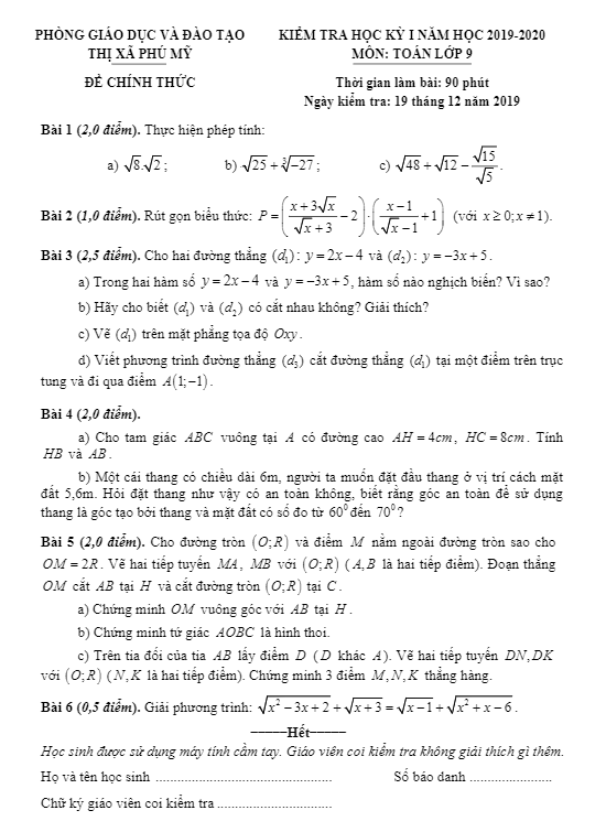 Đề thi học kì 1 Toán 9 năm 2019 – 2020 phòng GD&ĐT Phú Mỹ – BR VT