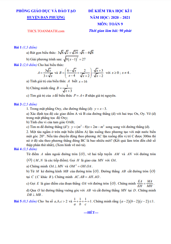 Đề thi học kì 1 Toán 9 năm 2020 – 2021 phòng GD&ĐT Đan Phượng – Hà Nội