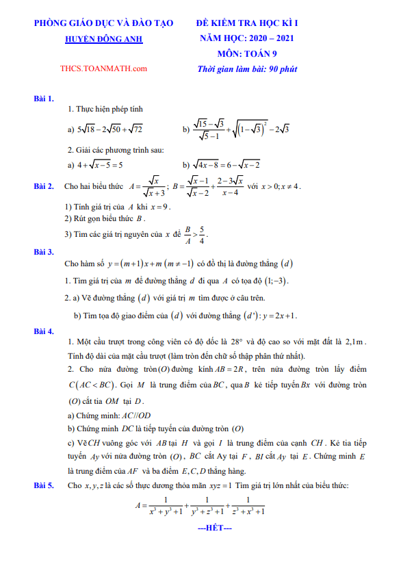 Đề thi học kì 1 Toán 9 năm 2020 – 2021 phòng GD&ĐT Đông Anh – Hà Nội