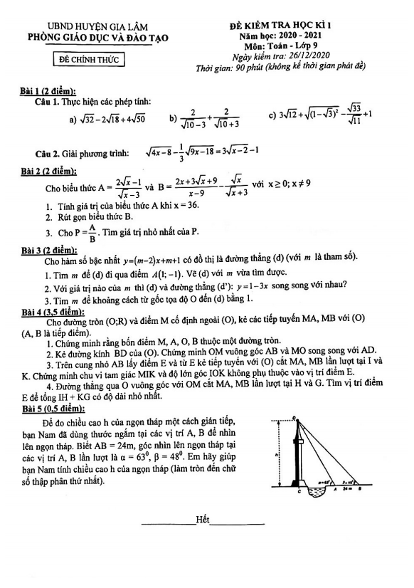 Đề thi học kì 1 Toán 9 năm 2020 – 2021 phòng GD&ĐT Gia Lâm – Hà Nội