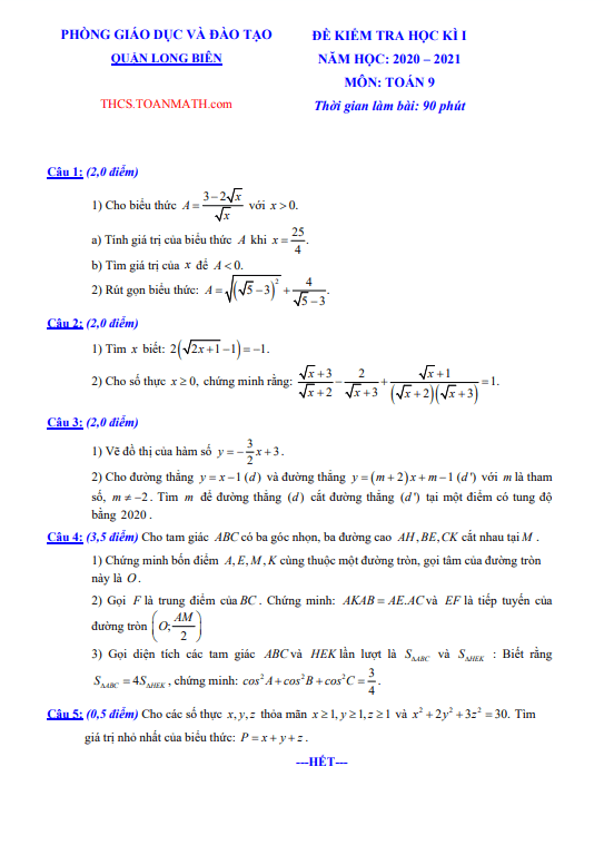 Đề thi học kì 1 Toán 9 năm 2020 – 2021 phòng GD&ĐT Long Biên – Hà Nội