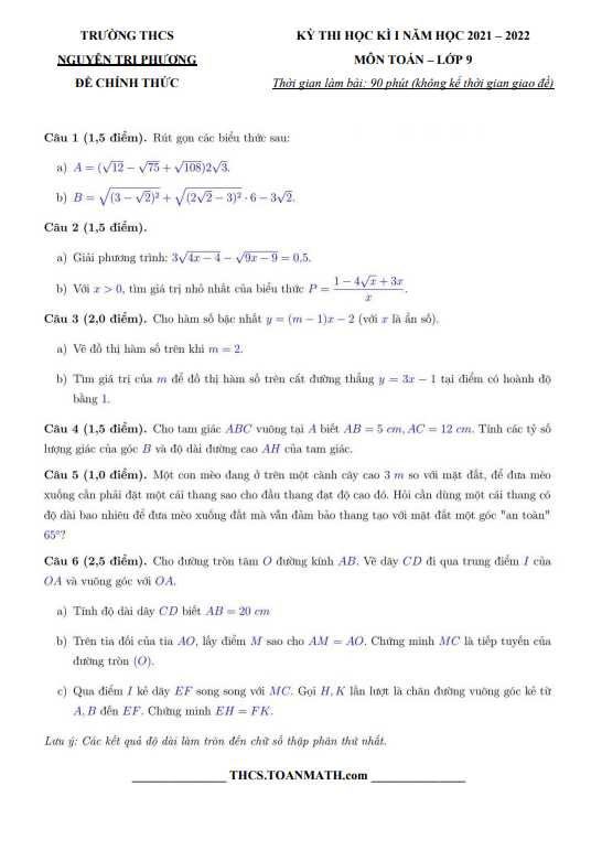 Đề thi học kì 1 Toán 9 năm 2021 – 2022 trường THCS Nguyễn Tri Phương – TT Huế