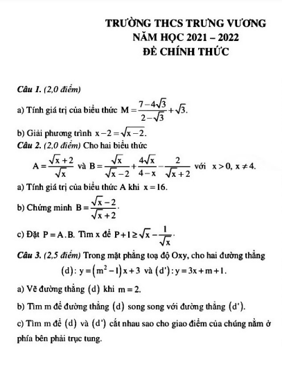 Đề thi học kì 1 Toán 9 năm 2021 – 2022 trường THCS Trưng Vương – Hà Nội