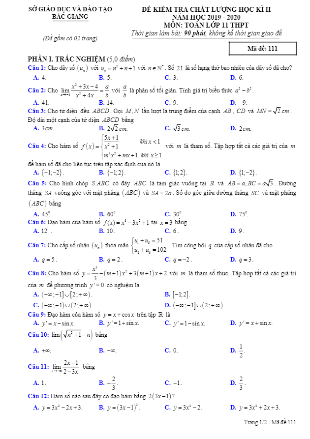 Đề thi học kì 2 môn Toán 11 THPT năm học 2019 – 2020 sở GD&ĐT Bắc Giang