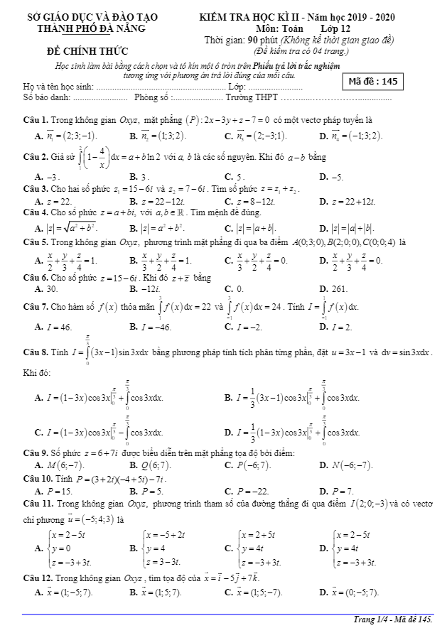 Đề thi học kì 2 môn Toán 12 năm học 2019 – 2020 sở GD&ĐT Đà Nẵng