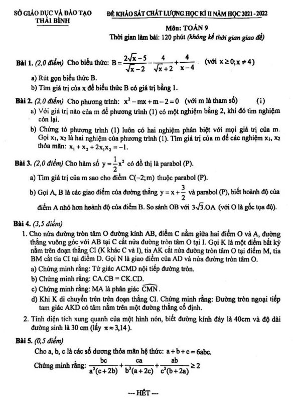 Đề thi học kì 2 môn Toán 9 năm 2021 – 2022 sở GD&ĐT Thái Bình