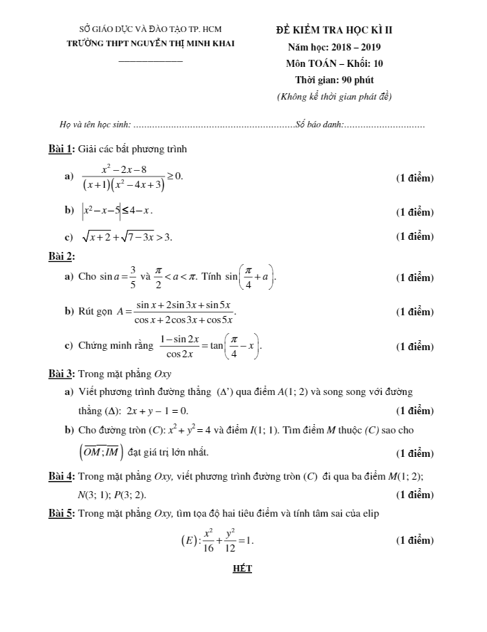 Đề thi học kì 2 Toán 10 năm 2018 – 2019 trường Nguyễn Thị Minh Khai – TP HCM