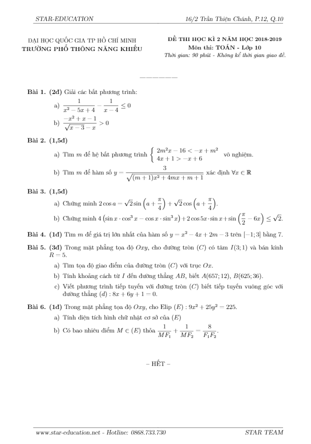 Đề thi học kì 2 Toán 10 năm 2018 – 2019 trường Phổ thông Năng khiếu – TP HCM