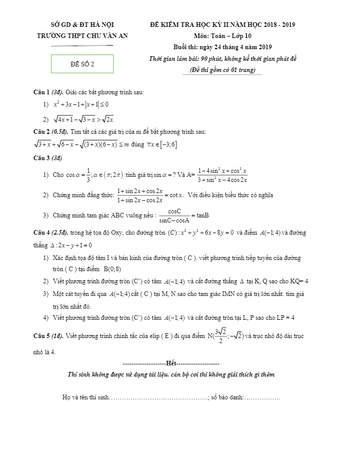 Đề thi học kì 2 Toán 10 năm 2018 – 2019 trường THPT Chu Văn An – Hà Nội