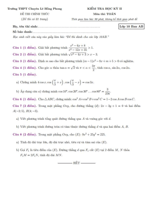 Đề thi học kì 2 Toán 10 năm 2019 – 2020 trường chuyên Lê Hồng Phong – TP HCM