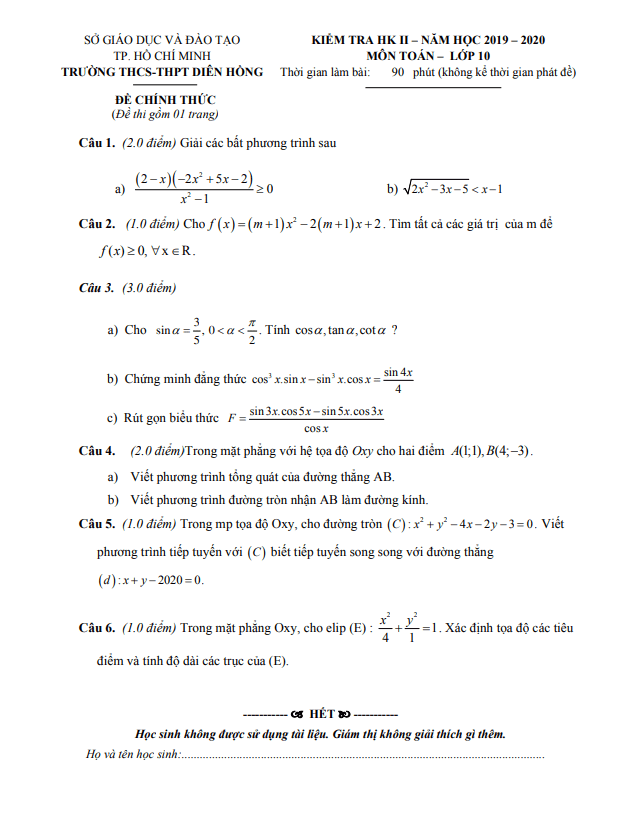 Đề thi học kì 2 Toán 10 năm 2019 – 2020 trường Diên Hồng – TP HCM