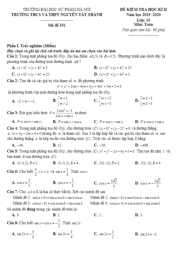 Đề thi học kì 2 Toán 10 năm 2019 – 2020 trường Nguyễn Tất Thành – Hà Nội